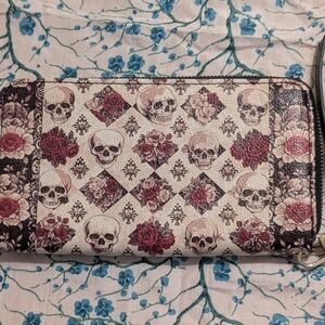 Vintage Look Red Cream Floral Skull Pattern Wallet Wristlet- New Without Tags